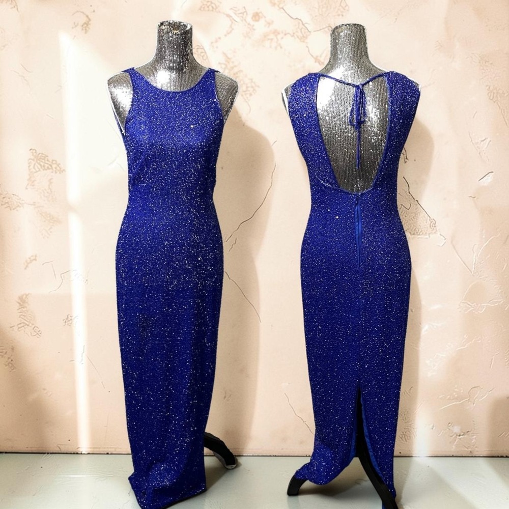 Vintage Stenay Silk Fully Beaded Blue Maxi Evening Gown‎ Low Back Size 4 Party